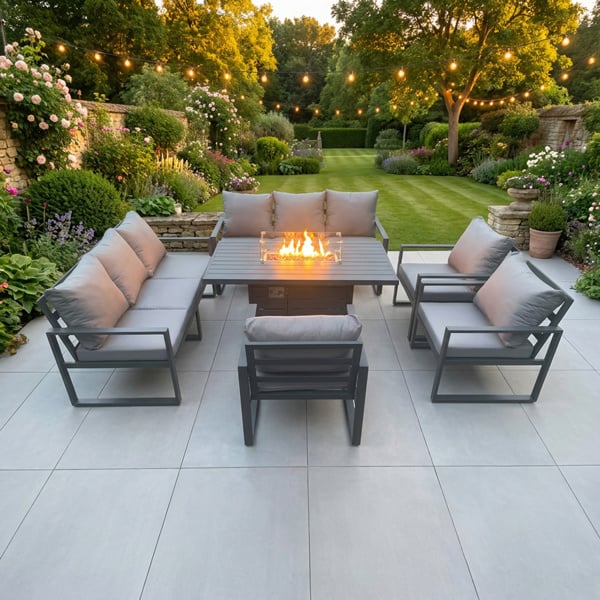Fimous 9 Seater Aluminium Garden Furniture Set with Gas Fire Pit Dining Table, 2 Sofas & 3 Armchairs - Dark Grey