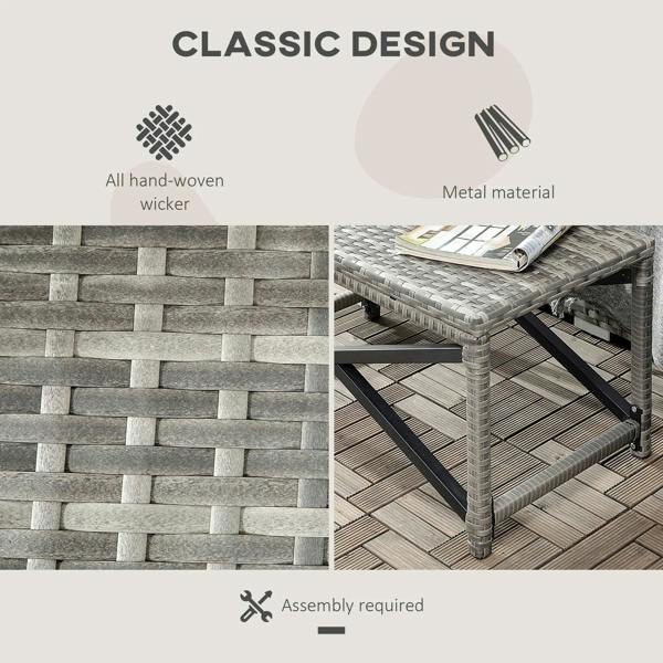 Grey hand-woven rattan texture with black metal X-frame and tiled base detail