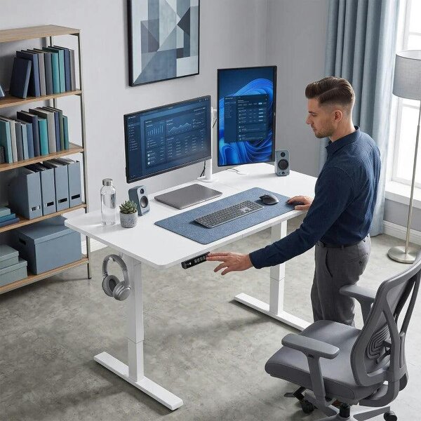 Standing Desk Memory Control Height Adjustable Desk 2 Cable Holes LED Display Sit Stand Desk White