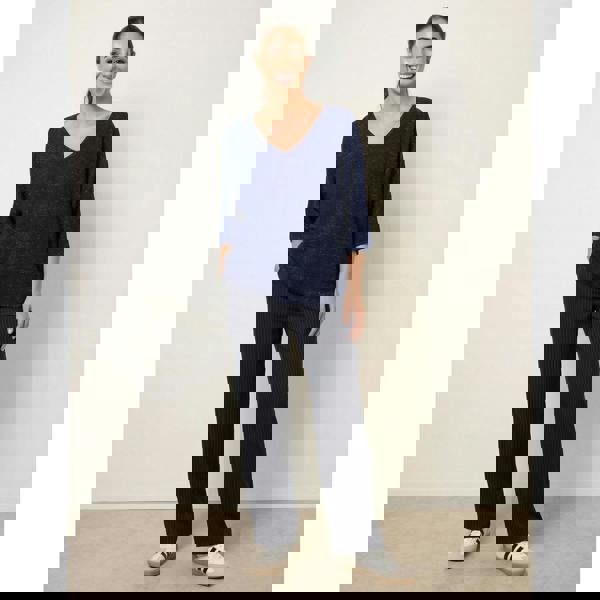 Blue Vanilla Metallic V Neck Knitted Ripple Jumper - Navy