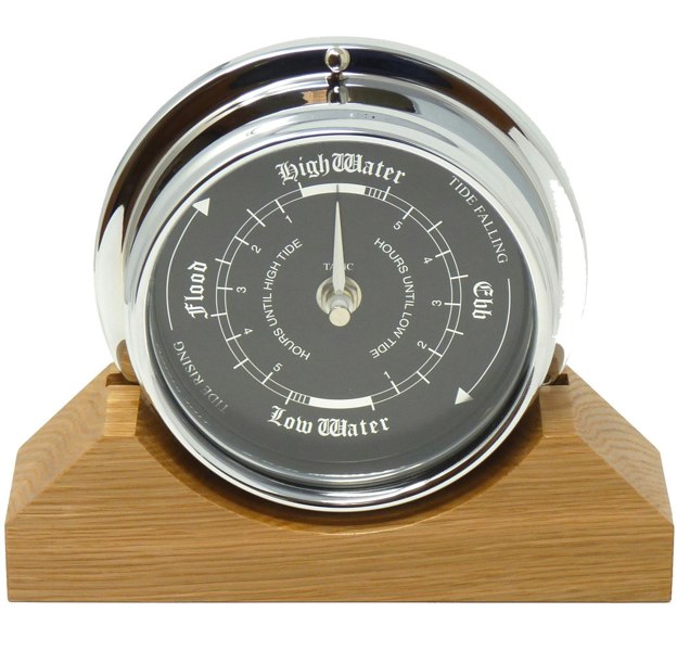 Tabic Handmade Prestige Tide Clock in Chrome on an English Light Oak Mantel/Display Mount