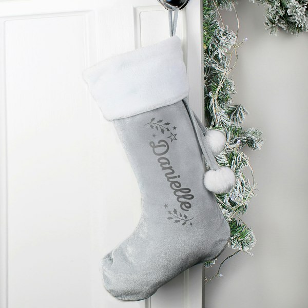 Personalised Memento Company Personalised Holly Grey Christmas Stocking
