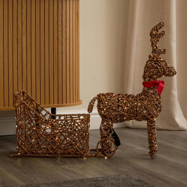 Samuel Alexander 82cm Battery Powered Light Up Rattan Reindeer & Sleigh with 120 LEDs and Timer