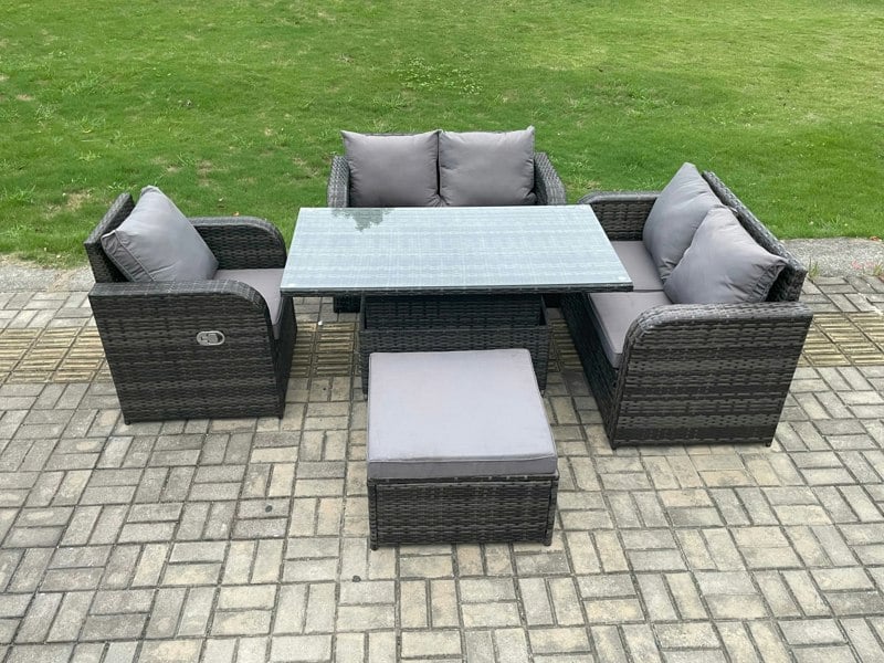 Fimous Wicker PE Rattan Furniture Garden Dining Set Outdoor Height Adjustable Rising lifting Table Love Sofa With Reclining Chair Big Footstool