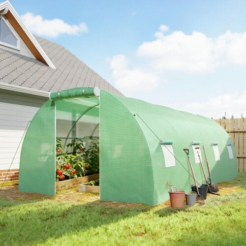 Outsunny 6 x 3 m Walk-in Polytunnel Greenhouse, Zipped Door, 8 Mesh Windows, Green