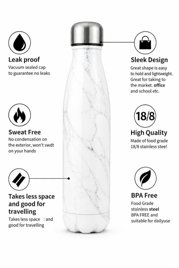 Dyzi 500ml Stainless Steel Water Bottle Leak Proof White Marble