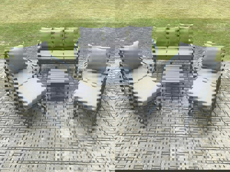 Fimous Aluminium Outdoor Lounge Sofa Set Garden Furniture Sets with Square Coffee Table 2 Chairs 2 Big Footstools Dark Grey 7 Seater