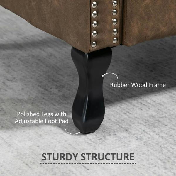 Brown wingback chair with nailhead-trimmed edges and dark legs with adjustable foot pad