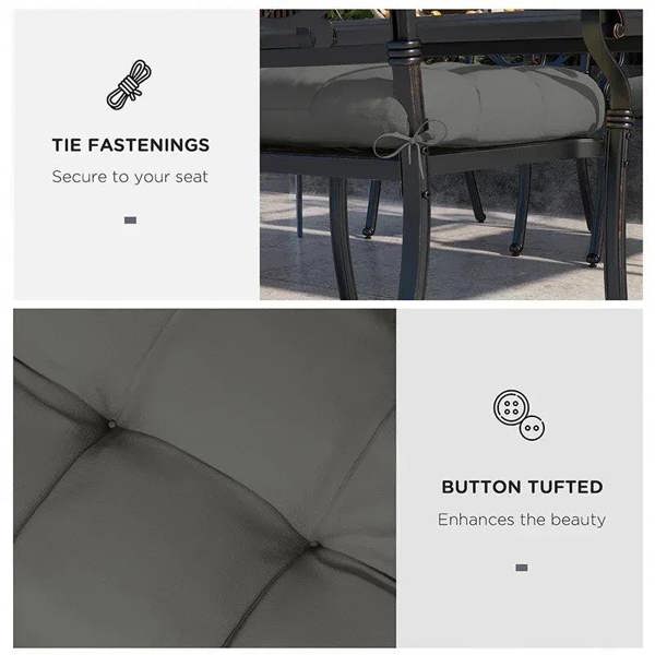 Charcoal gray seat cushion features: tie fastenings and button tufting