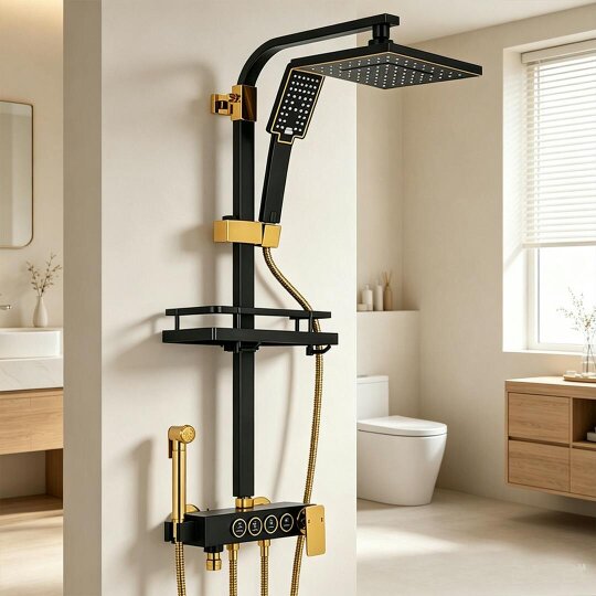 Havendro Exposed Shower mixer Taps Black Bathroom Twin Head Square Bar set Wall Mounted