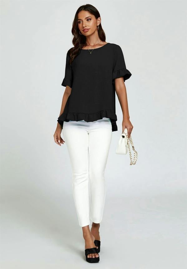 FS Collection Frill Detail Short Sleeves Top In Black