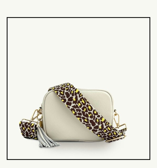 Apatchy London The Tassel Stone Leather Crossbody Bag With Lemon Cheetah Strap