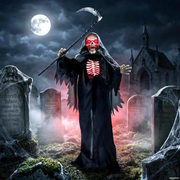 Bobobiy 170cm Life Size Animated Grim Reaper Halloween Decoration, Scary Halloween Animatronics Decor with Sound Touch Activated