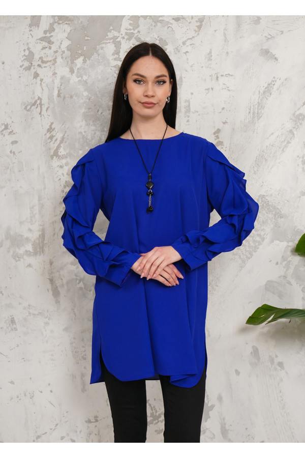 Hoxton Gal Oversized Long Ruffle Sleeve Relaxed Fit Tunic in Royal Blue