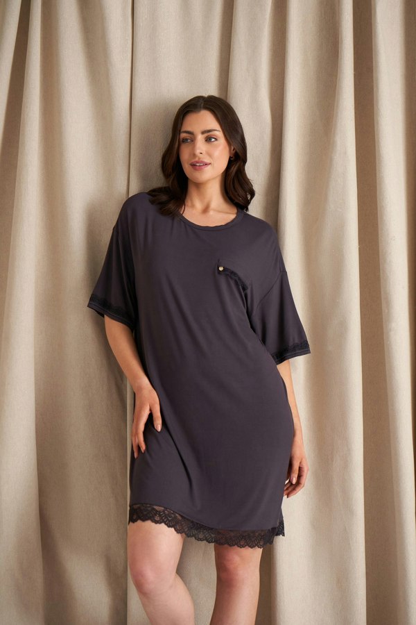 Pretty You London Women's Bamboo Lace Tee Dress in Raven