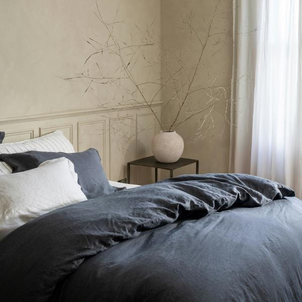 Midnight Grey French Linen 40cm Deep Fitted Sheets in a styled bedroom 2 | Soak and Sleep