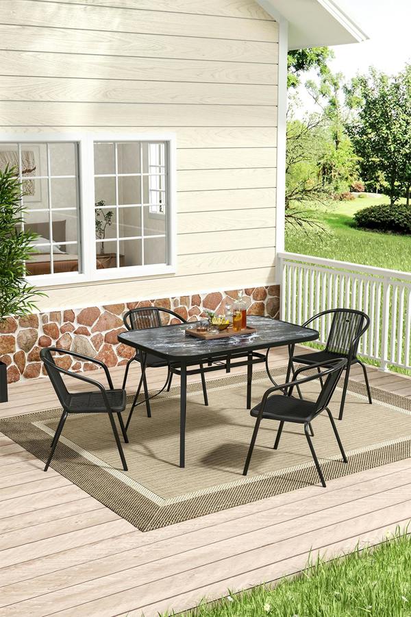 Rectangle Garden Tempered Glass Table with 4 PE Rattan Chairs