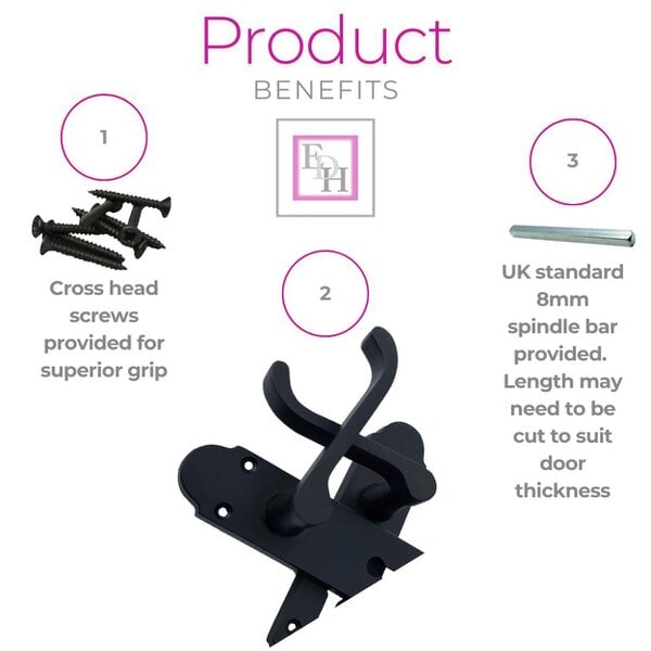 EDH Door Hardware Epsom Matt Black Door Handles, Internal Handles with Bathroom Sash Lock 170mm 2 Pairs