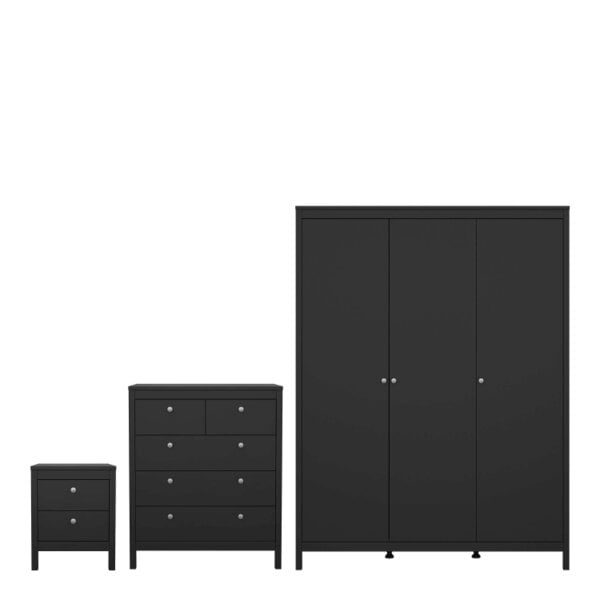 Wyld Haus Gossmere Matt Black Bedroom Set - Bedside Table + Chest of Drawers + Wardrobe 3 Doors