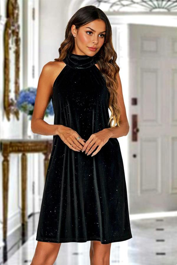 FS Collection Silver Foil Velvet Halter Neck Tie Back Mini Dress In Black
