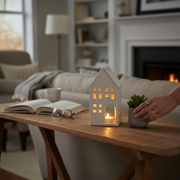 21CM CREAM CERAMIC HOUSE TEALIGHT HOLDER