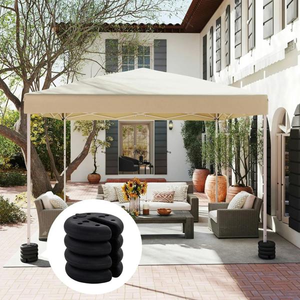 Black stacked tent leg weight plates shown in close-up inset for canopy stability
