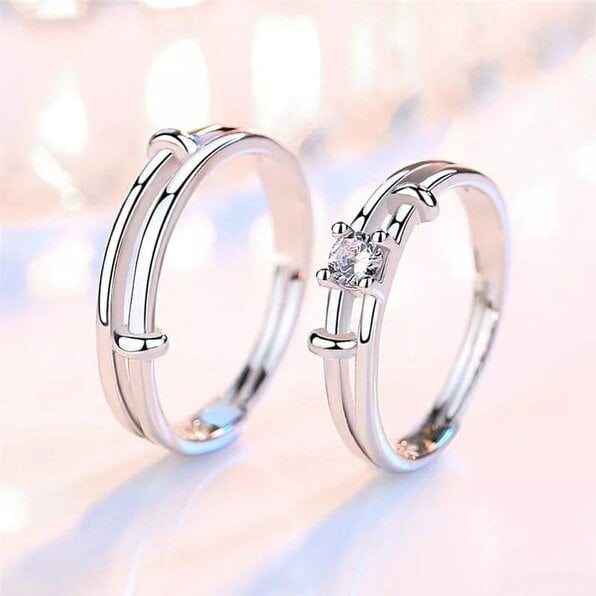 The Colourful Aura Adjustable Silver his and hers Zircon Promise Striped Ring set