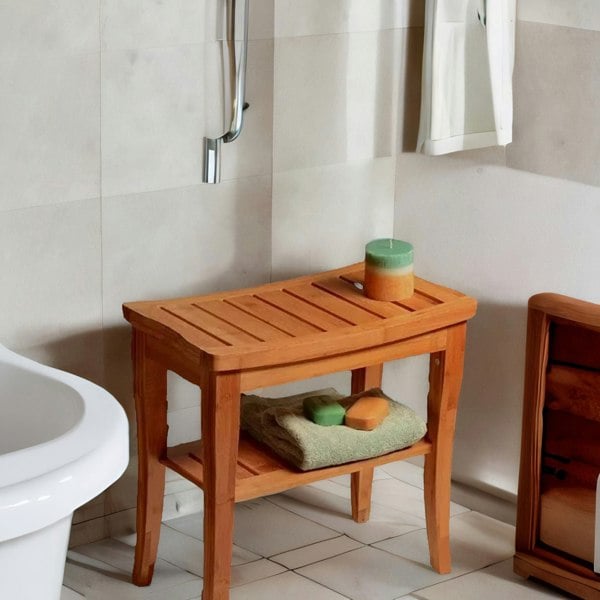 BMBO 2 Tier Wooden Side Table Shower Stool Natural Brown