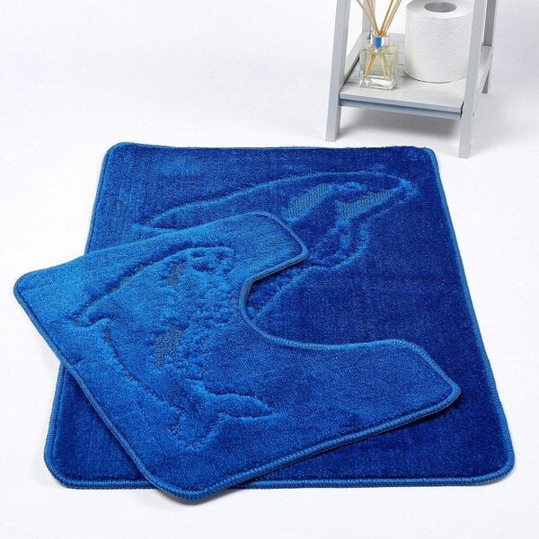 Night Zone Dolphin 2 Piece Bath Mat & Pedestal Set – Non-Slip Absorbent Bathroom Rug Set - Royal Blue