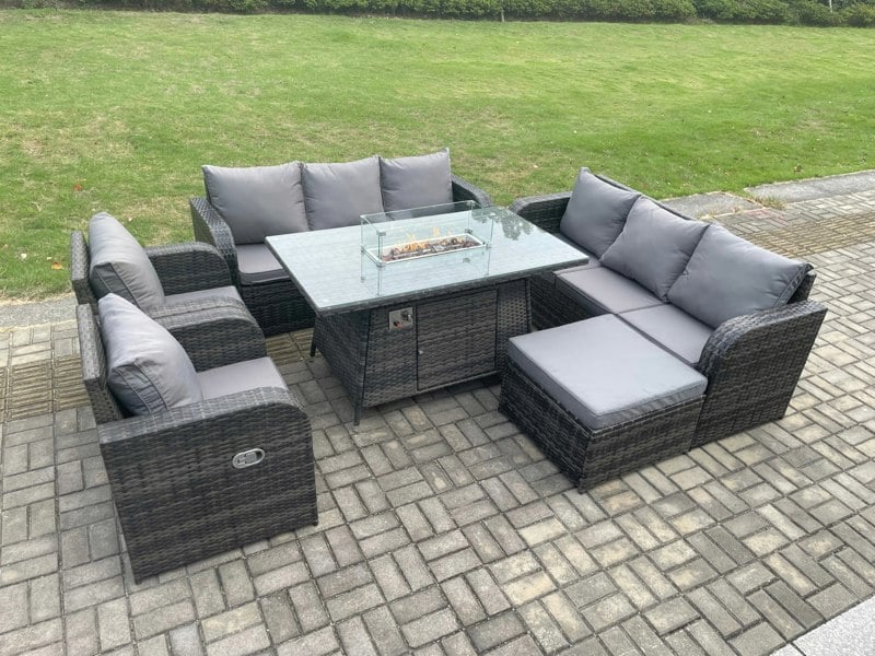 Fimous Garden Patio Furniture Wicker Rattan Gas Fire Pit Table and Sofa set with Recling Chair Big Footstool