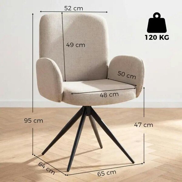 Swivel Accent Chair, Upholstered Linen-Look Armchair with Curved Backrest, Wrapped Armrests for Living Room, Light Brown