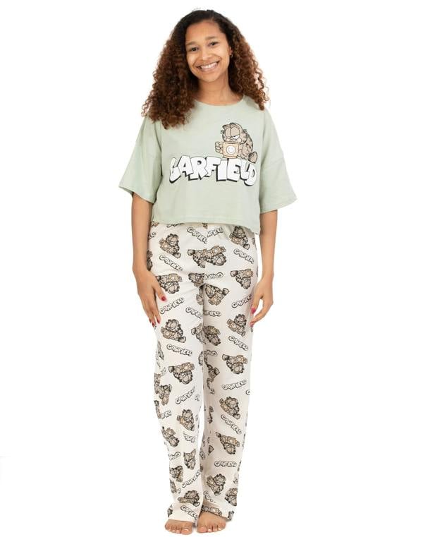 Garfield Womens Green All-Over Print Short Sleeve Long Leg Pyjama Set