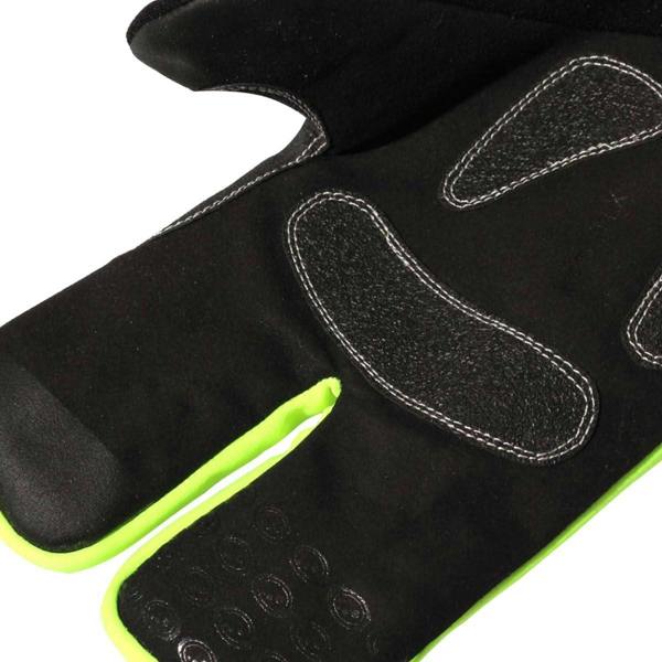 Close-up of Optimum NiteBrite glove black palm with textured grip pads and fluro yellow trim, on white - Optimum