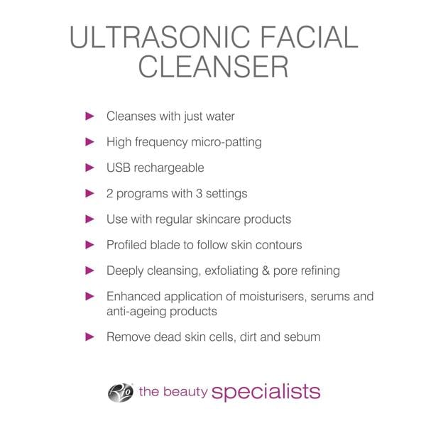 bulleted list of features cleanses with just water high frequency micro-patting USB rechargeable 2 programs with 3 settings use with regular skincare products profiled blade to follow skin contours deeply cleansing exfoliating and pore refining enhanced application of moisturisers serums and anti-ageing products remove dead skin cells dirt and sebum