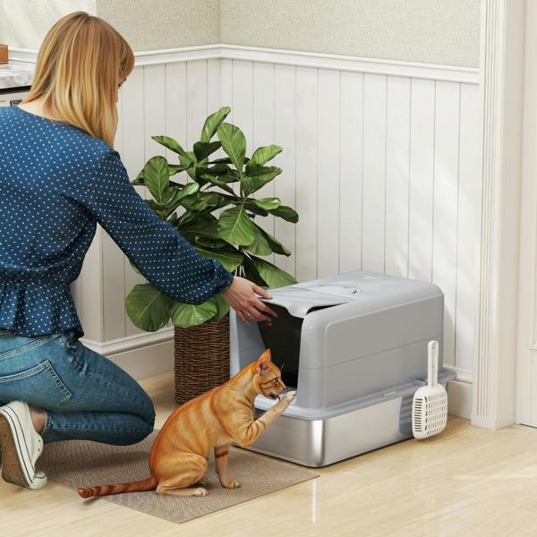 PawHut Stainless Steel Cat Litter Box with Removable Lid, Scoop, Grey