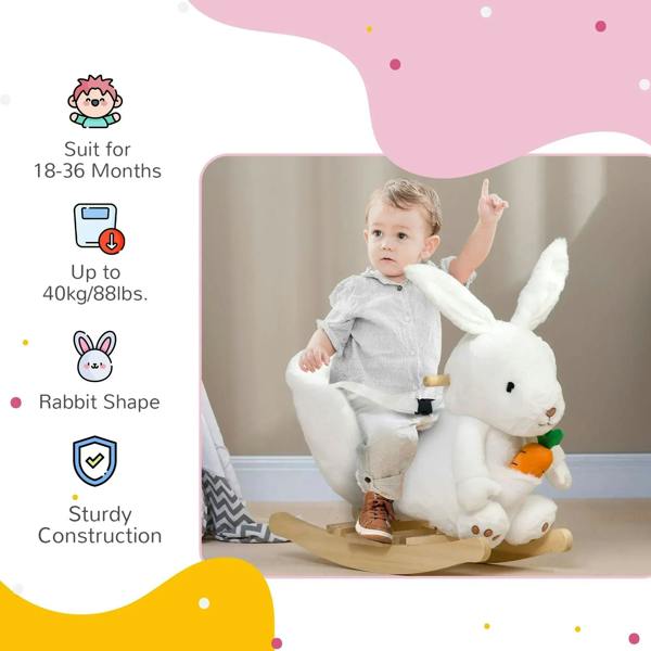 White rabbit-shaped rocking horse with safety belt and wooden rocker base