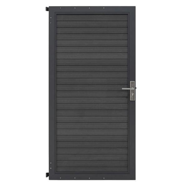 Grey composite panel gate featuring a sleek, modern design with horizontal slats and a brushed metal handle for durability