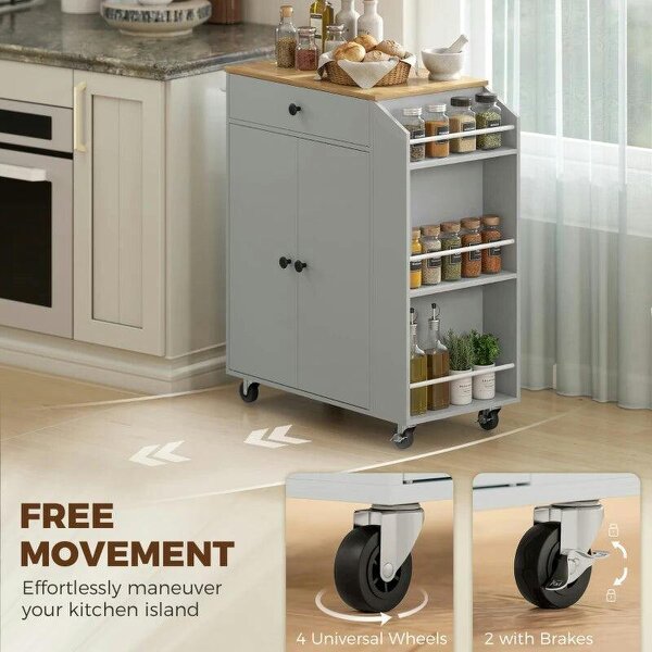 Rolling Kitchen Island with 3-Tier Spice Rack, Kitchen Storage Cart with Drawer and Towel Rack, Light Blue