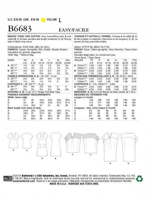 Butterick Sewing Pattern 6683, Tops, Tunics, Caftans for Women, Y (XSM-SML-MED) - Easy