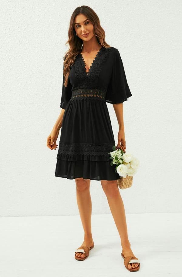 FS Collection V Neck Lace Mini Dress In Black