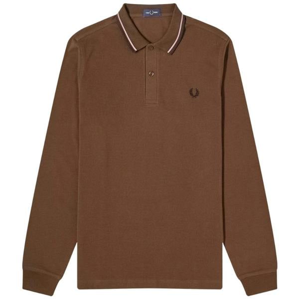 Fred Perry Black Twin Tipped Collar Burnt Tobacco Long Sleeve Polo Shirt XS