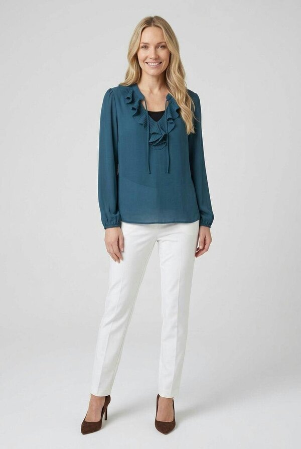 Izabel London Ruffle Front Long Sleeve Blouse - Teal