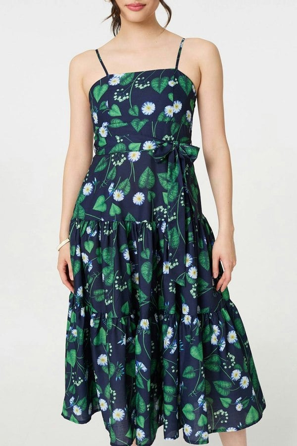 Green | Floral Sleeveless Tie Waist Midi Dress
