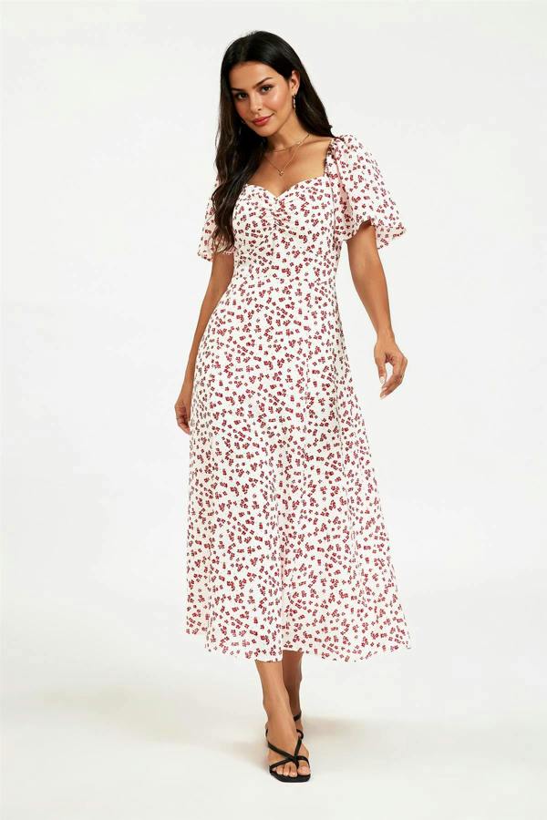 FS Collection Floral Print Angel Sleeve Heart Neckline Midi Dress In White