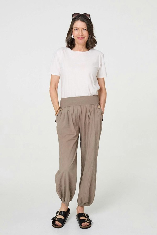 Beige | Elasticated High Waist Loose Trousers
