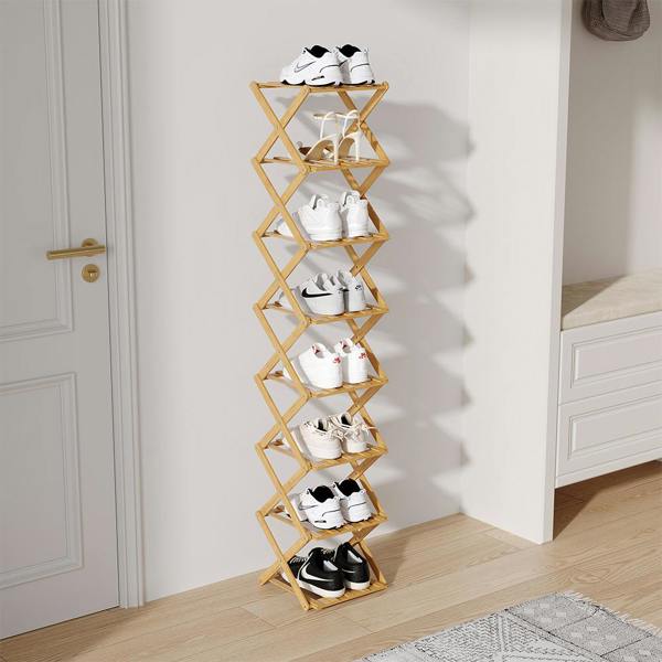 Living and Home 9 Tier Bamboo Folding Shoe Rack Shoe Storage Organiser - Natural