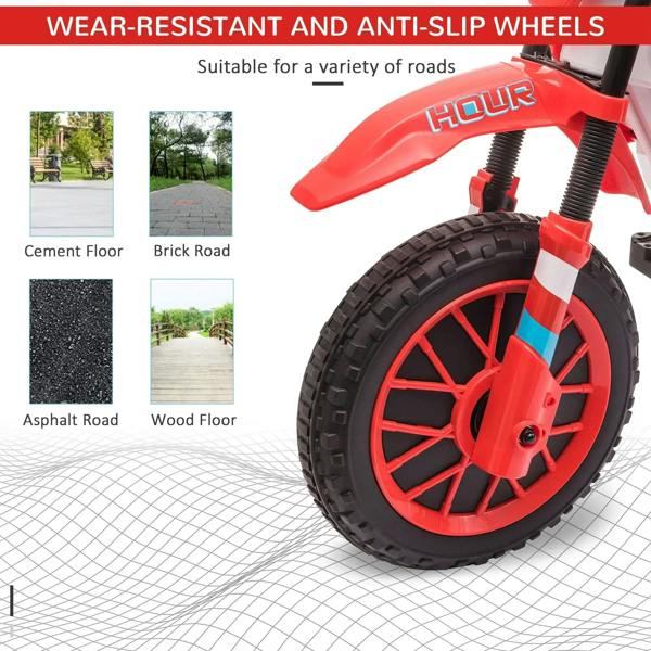 Red wheel and black anti-slip tread tire on kids electric motorcycle ride-on