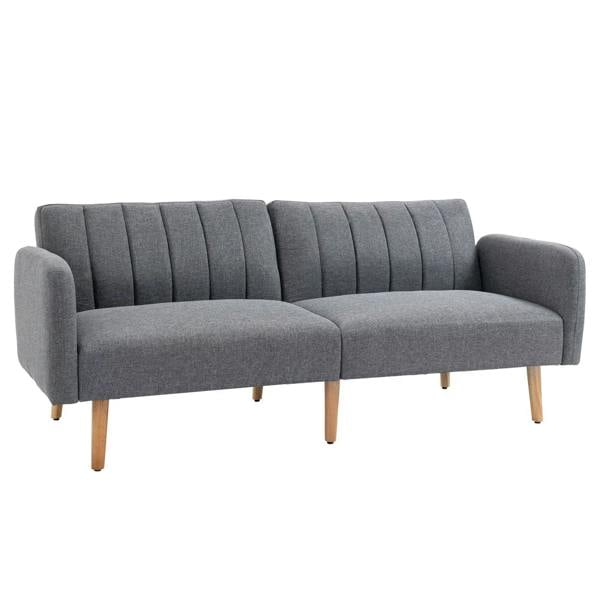 Grey fabric sofa bed with split tufted backrest and wooden legs, no armrests