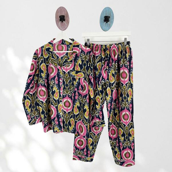 Hayley & Co Ikat Print Cotton Long Pyjama Set in Navy Blue and Pink