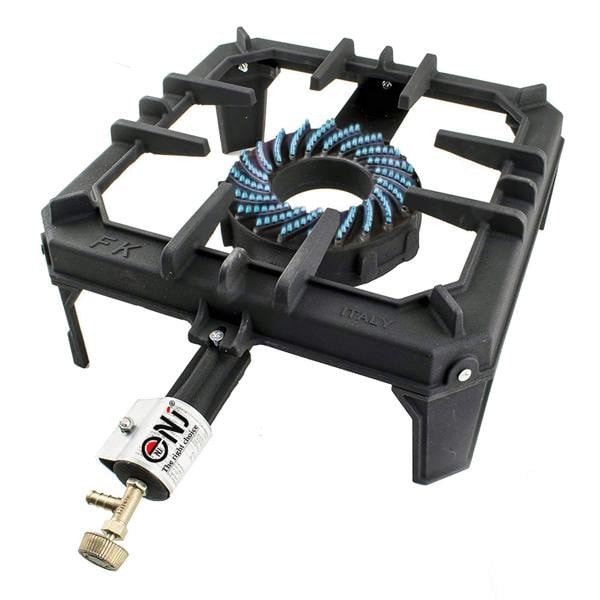 Black portable gas stove with blue flames